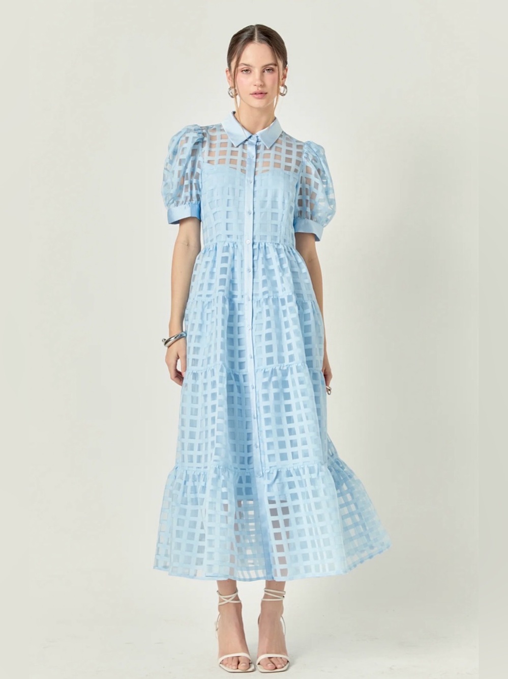 English Factory Gridded Organza Tiered Maxi Dress NWT Powder Blue Size XS